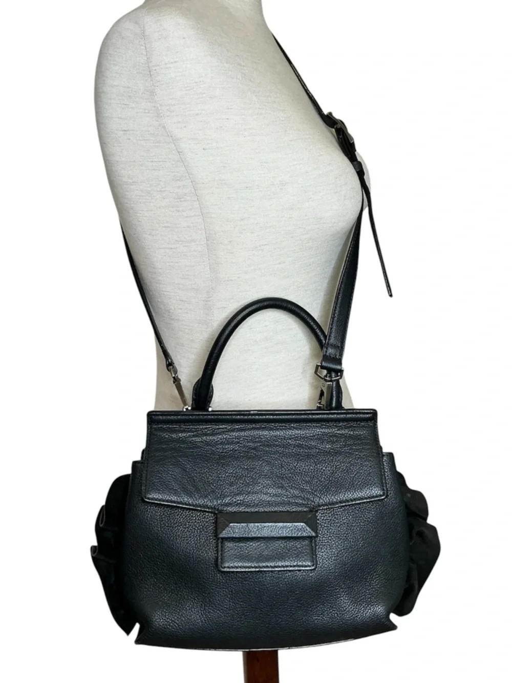 Decke Classic Black Leather Top-Handle Satchel Women Bags Velvet Ruffed Trim